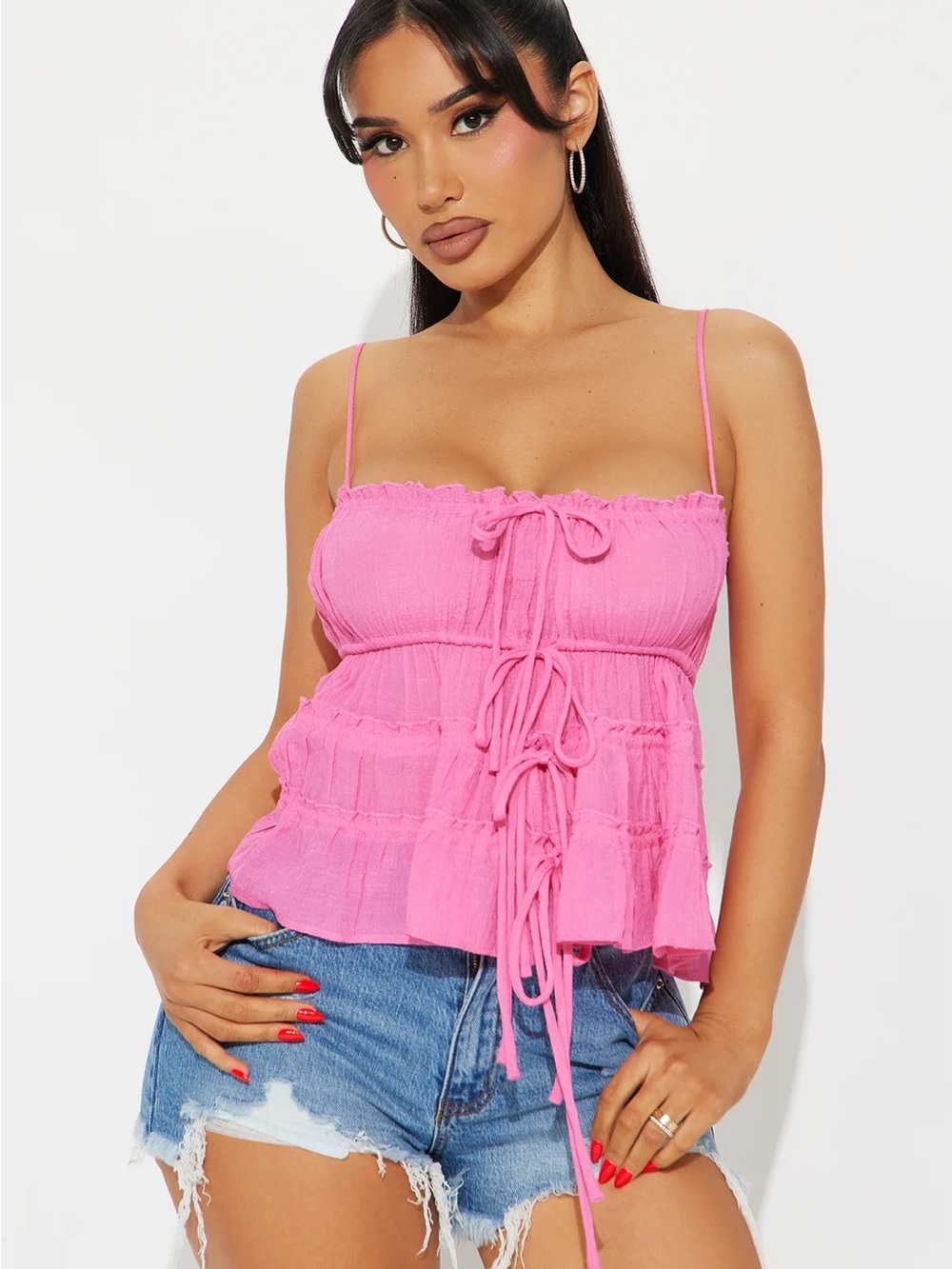 Fashion Nova Hot Pink Ruched Tie-Front Cami